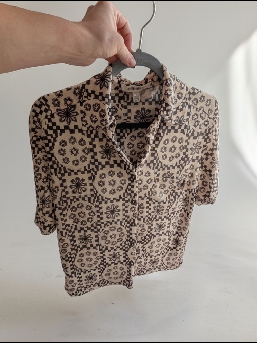 Urban Outfitters S - Sheer Brown Floral Checker Short Sleeve Top